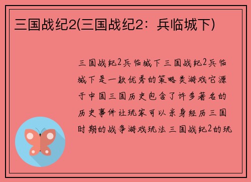 三国战纪2(三国战纪2：兵临城下)