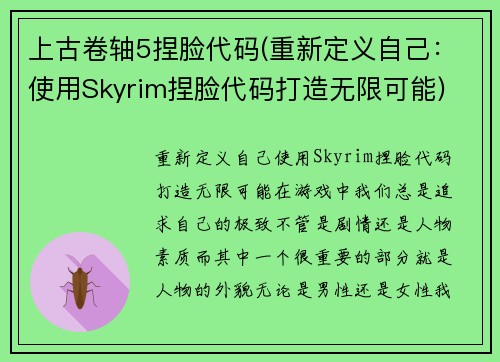 上古卷轴5捏脸代码(重新定义自己：使用Skyrim捏脸代码打造无限可能)